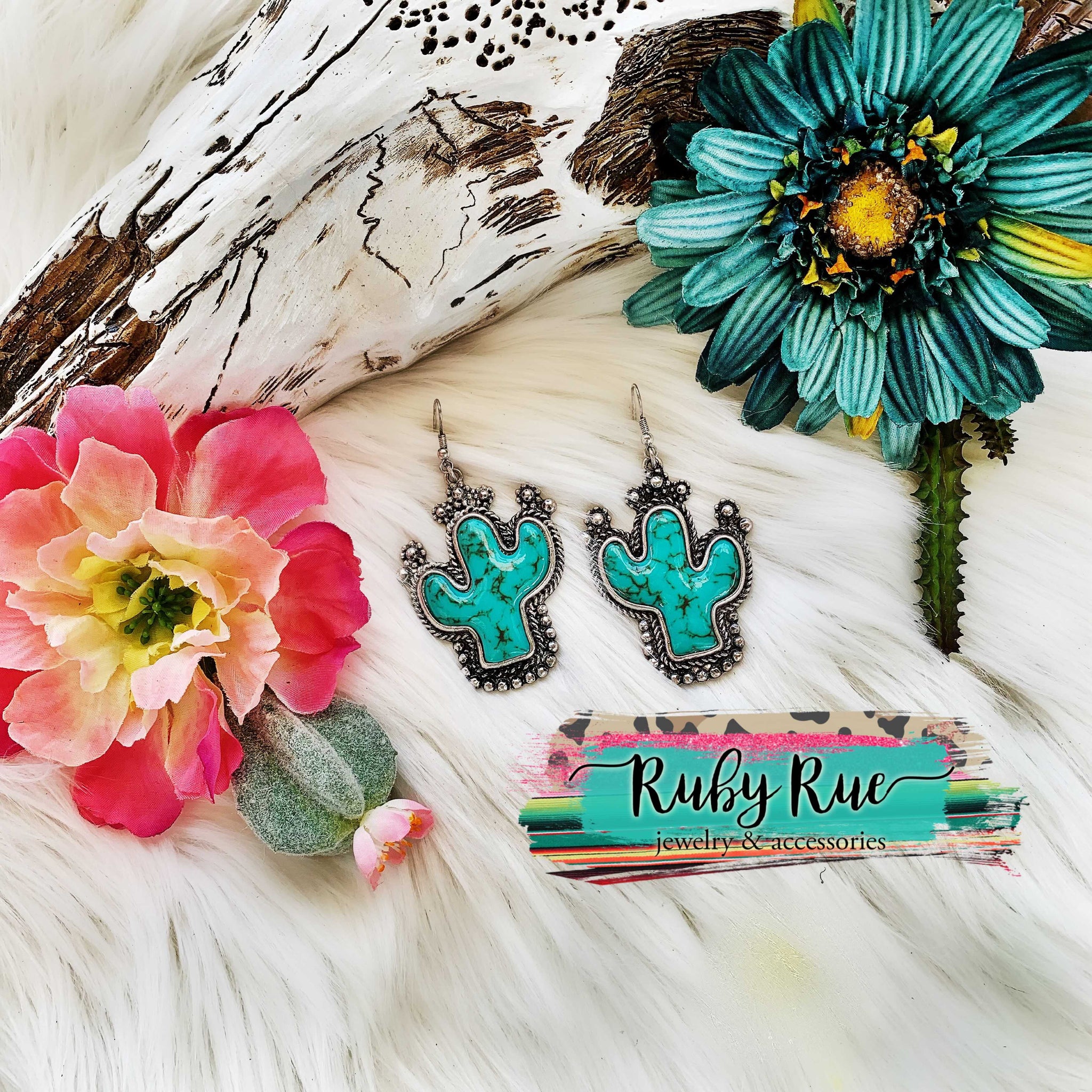 Turquoise Stone Cactus Earrings - Ruby Rue Jewelry & Accessories