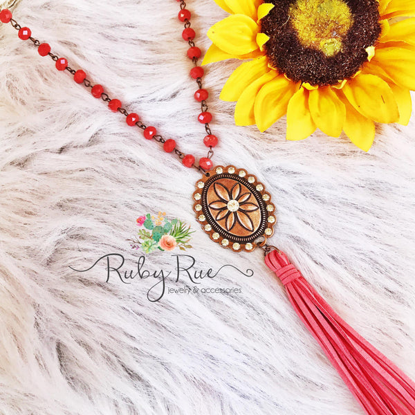 Coral & Copper Concho Necklace - Ruby Rue Jewelry & Accessories