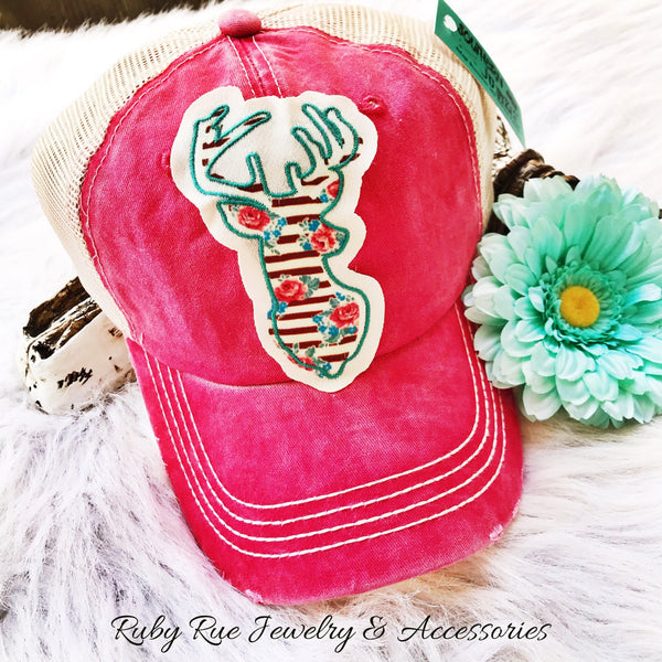 Floral Deer Head Patch Hat - Ruby Rue Jewelry & Accessories