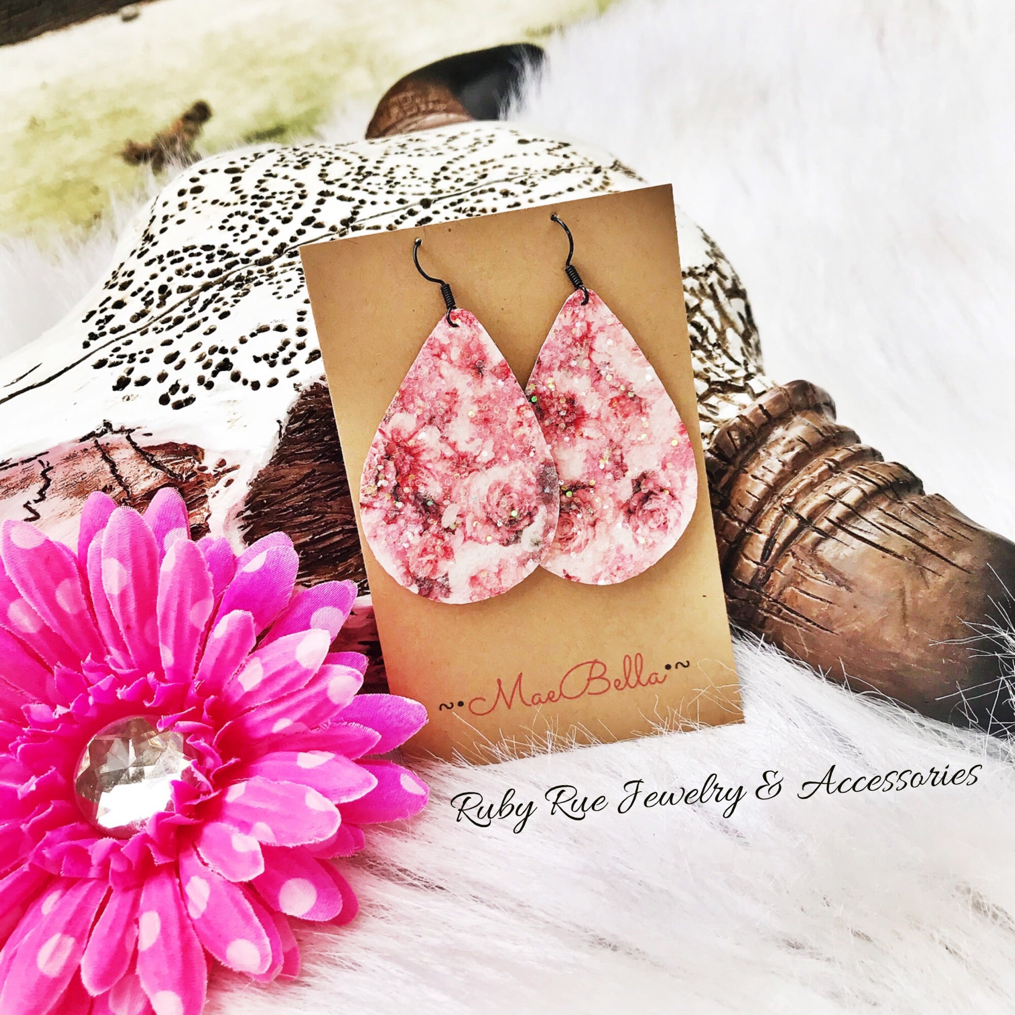 Pink Floral Glitter Earrings - Ruby Rue Jewelry & Accessories