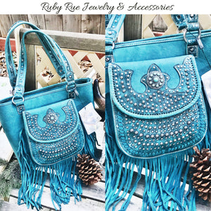 Turquoise Fringe Leather Handbag - Ruby Rue Jewelry & Accessories