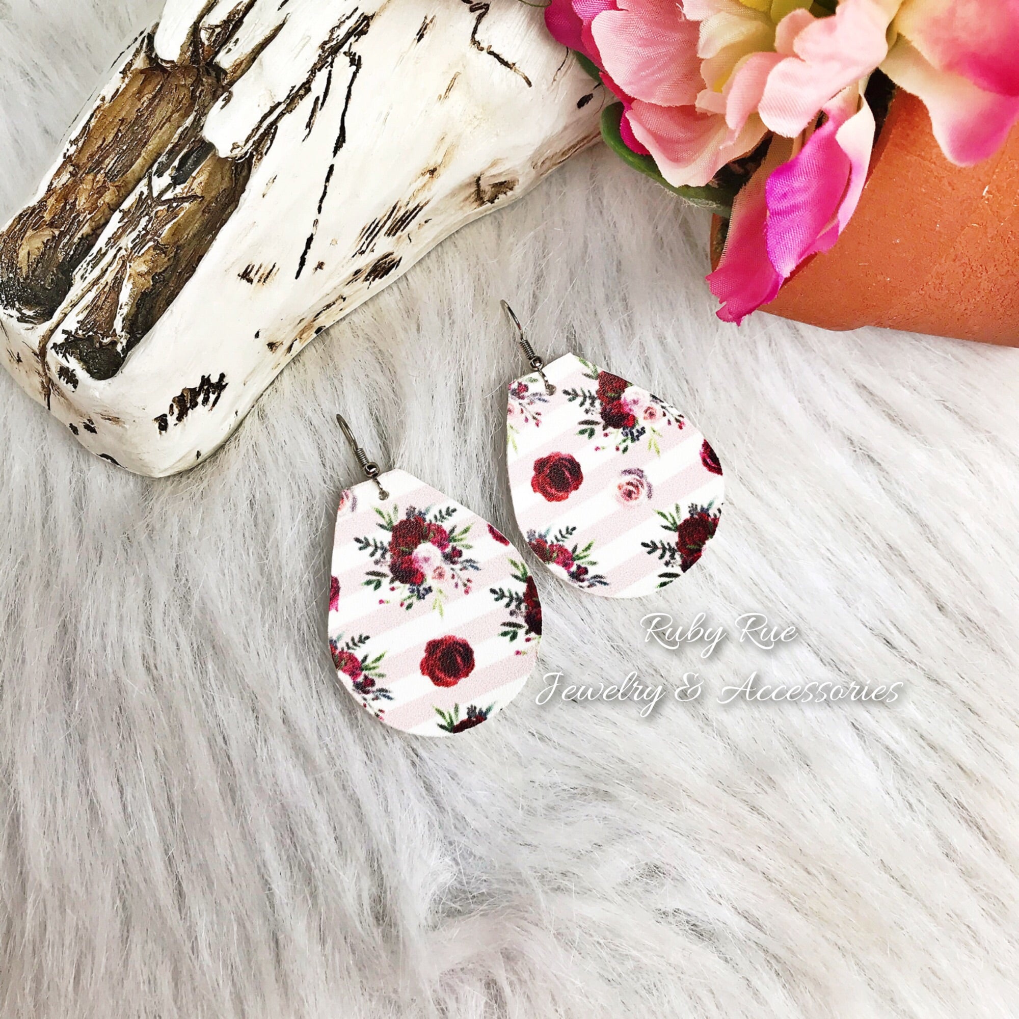 Plum & Pink Floral Leather Earrings - Ruby Rue Jewelry & Accessories